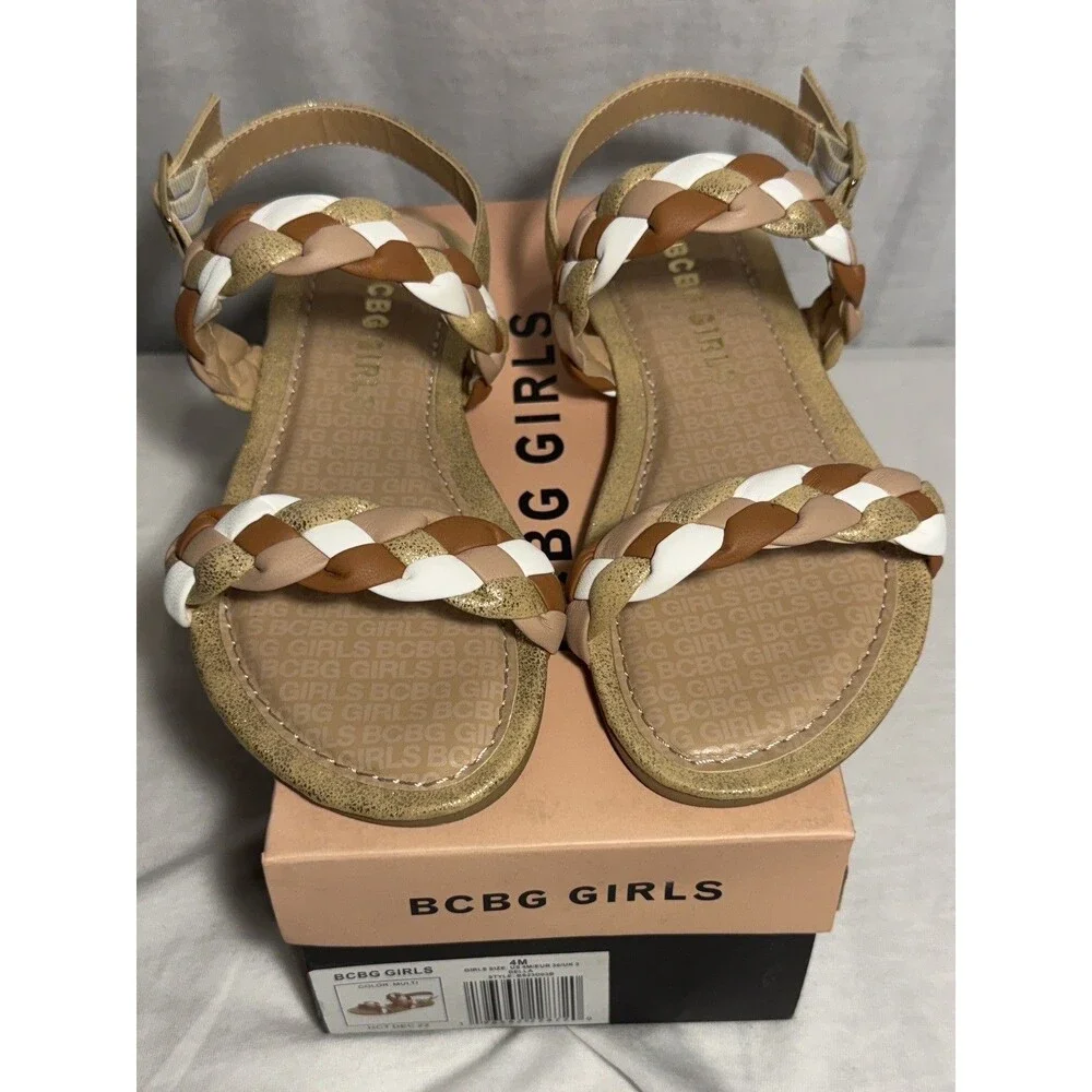 NEW NIB Girls BCBG Della Kids Sandals Size 4 Summer Tan White Gold